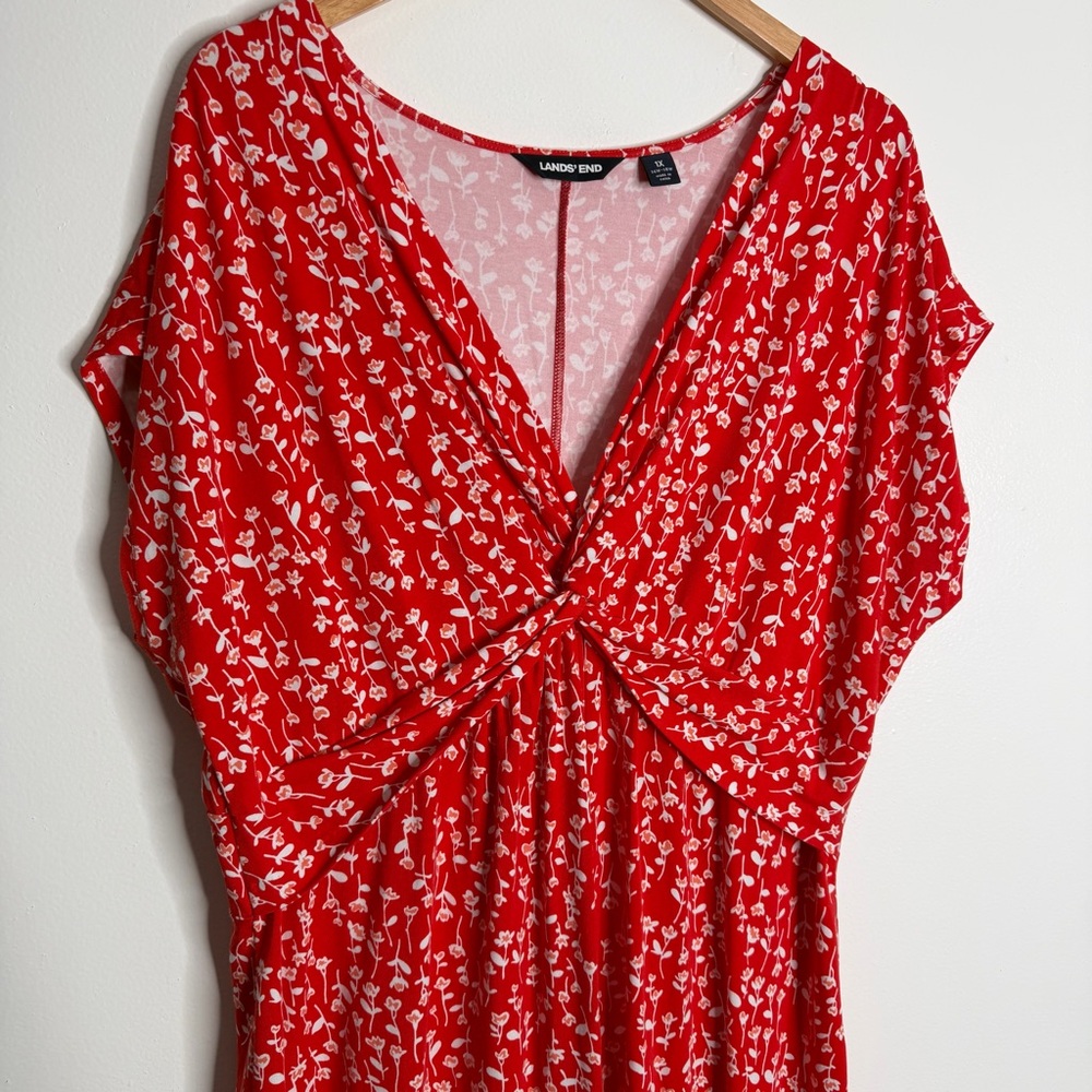 NWOT Lands' End Twist-Front Floral Maxi Dress Orange/Red White 1X Stretch Casual - Picture 9 of 9